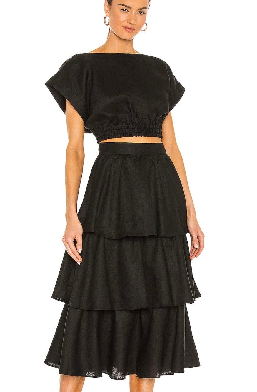 Rebecca Vallance Layla Tiered Linen Midi Skirt 6 & Top 4 Set Linen Black Classic